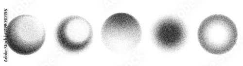 Grainy stipple dot spray brush vector set with shaded circular halftone spheres, soft particle gradients, dotted noise textures and abstract monochrome round shapes for modern overlays