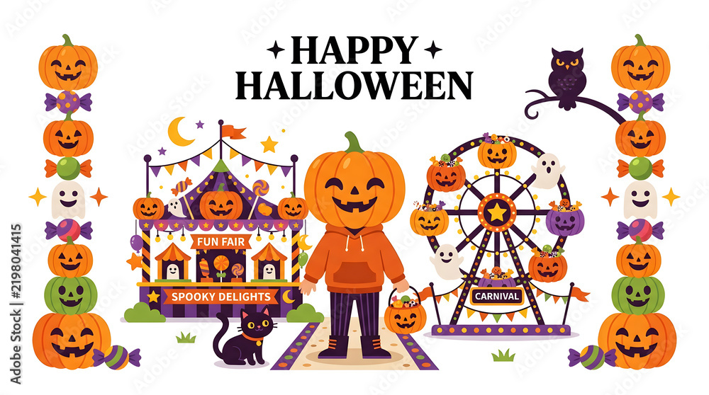 Fototapeta premium Happy halloween illustration featuring a person with a pumpkin head at a festive carnival