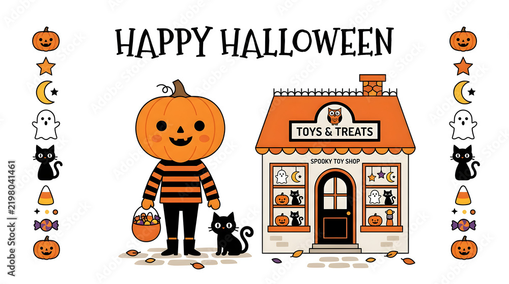 Fototapeta premium Happy halloween flat vector illustration with a pumpkin headed child and a store selling treats