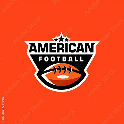 American Football Logo Design with Orange Background, Crest Shield, Ball, and Stars Emblem Vector Illustration
