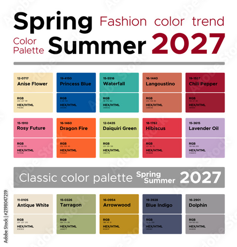 Fashion color trends Spring Summer 2027. Palette fashion colors guide with named color swatches, RGB, HEX colors
