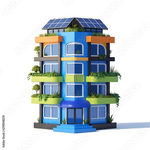 Apartment building showcases vertical gardens and roof solar units.