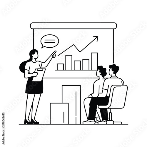 Business Presentation and Sales Growth Strategy Illustration with Team Meeting