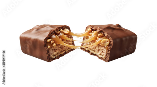 Delicious chocolate candy bar being broken in half revealing a gooey caramel and peanut center