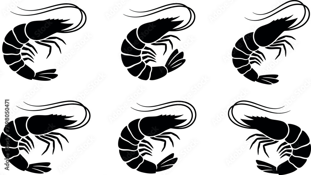Obraz premium Vector collection of stylized shrimp and prawn silhouettes featuring various seafood graphic icons isolated on white background