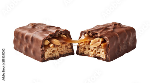 Broken chocolate caramel bar with peanuts revealing gooey center isolated on black