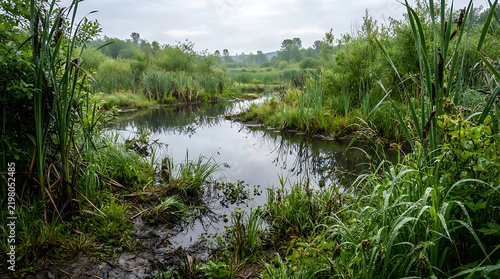 Peaceful stream meandering through a vibrant green wetland with dense reeds and trees under cloudy sky.