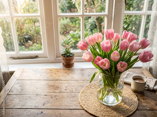 Pink tulips in vase on wooden table by window with sunlight and cup of coffee and succulent plant.