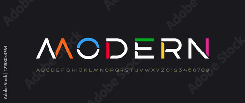 Trendy font, alphabet made colored style, letters A, B, C, D, E, F, G, H, I, J, K, L, M, N, O, P, Q, R, S, T, U, V, W, X, Y, Z and numerals 0, 1, 2, 3, 4, 5, 6, 7, 8, 9.