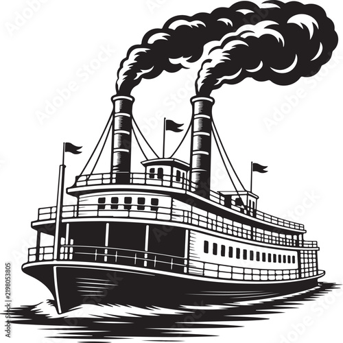 Paddlewheel steamer silhouette displays a vintage riverboat on a white background
