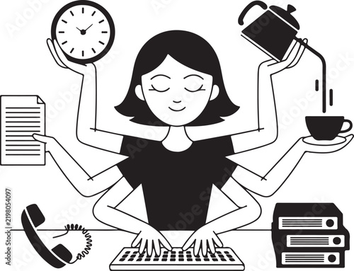 Silhouette icon depicting multitasking woman with office equipment