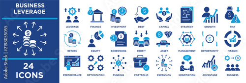 Fotografie business Leverage glyph icon set featuring Investment, Scalability, Innovation, Influence, Capital, Negotiation, Efficiency and Collaboration