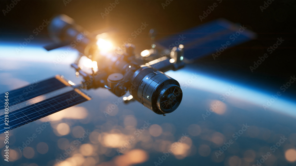 Fototapeta premium Space station orbiting planet Earth against a universe background, space exploration and technology concept, with copy space