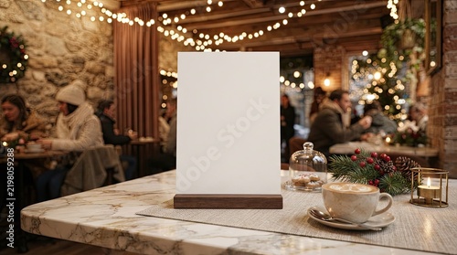 Blank white menu stand on a marble table in a festive restaurant