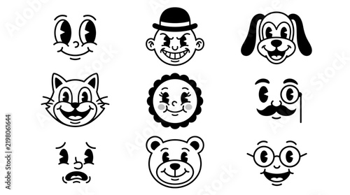 Retro cartoon character faces in classic vintage style