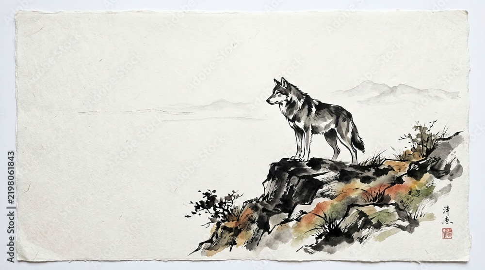 Obraz premium Majestic Wolf in Asian Brush Art