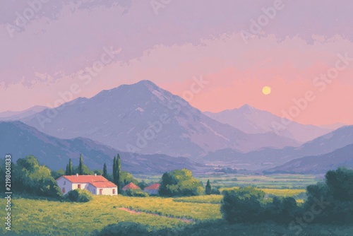 A house in the middle of a field with mountains in the background illuminated by a full moon in the sky. the house is surrounded by lush green grass and trees and the sky is filled with white fluffy.