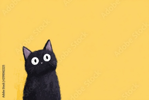 The is a digital illustration of a black cat sitting on a yellow background. the cat is facing towards the left side of the and is looking towards the right side.