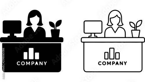 Receptionist at Desk Icon Set in Silhouette and Outline Styles