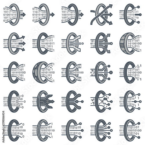 Binary code data flow and portal line icons.