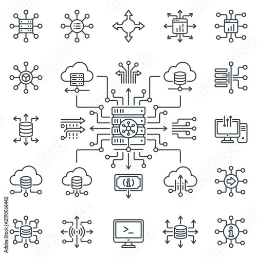 Big data network and server hub diagrams.