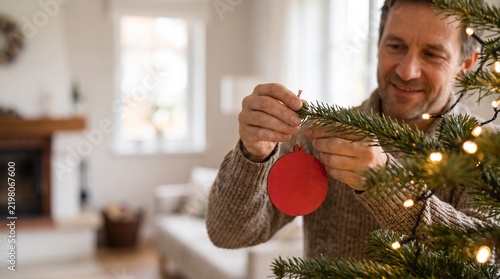 クリスマスツリーの枝にオーナメントを飾る男性の横顔と手元