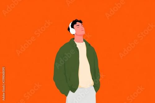 The is an illustration of a young man standing against an orange background. he is wearing a green jacket and white pants.