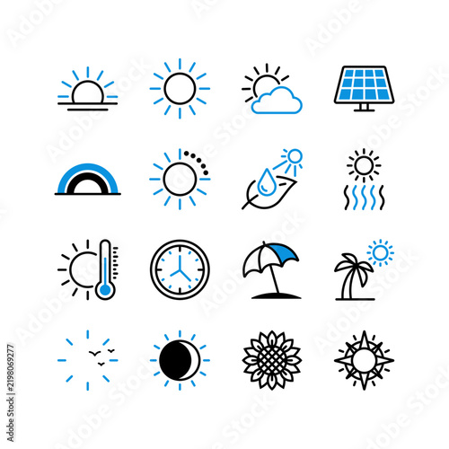 Set of weather and sun related line icons featuring solar energy and climate symbols
