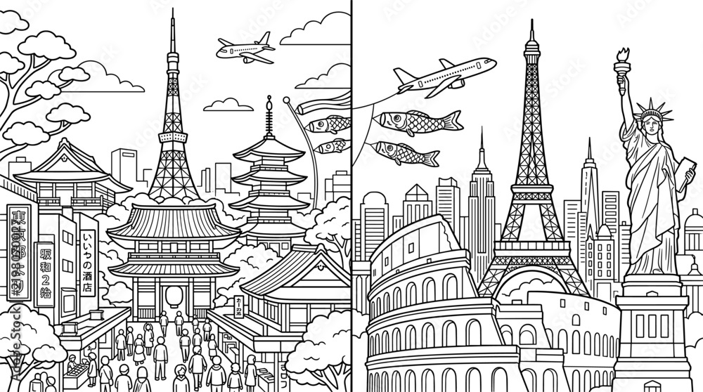 Obraz premium Split scene vector illustration of famous landmarks from Tokyo and Paris, line art style, for coloring or travel concepts.