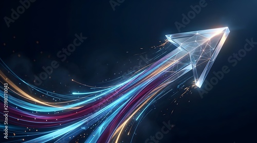 Abstract glass arrow shape with glowing light trails moving upwards against dark background symbolizing growth progress and innovation