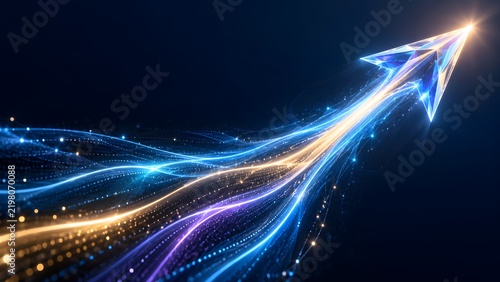 Abstract glowing arrow made of crystal shards and light trails soaring upwards against a dark blue background symbolizing growth and progress