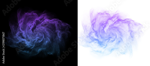 Purple magic smoke cloud explosion with glowing blue particles