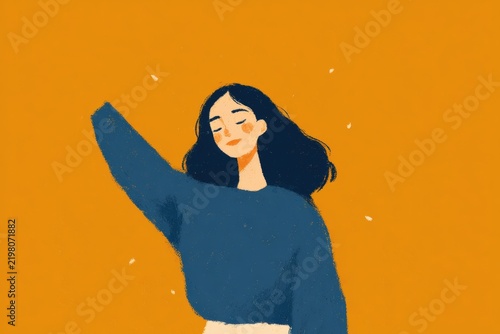 An illustration of a woman with her arms outstretched in the air against an orange background. she is wearing a white dress and her hair is pulled back in a bun.