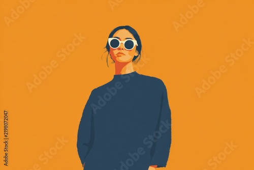 A woman wearing a blue sweater and sunglasses standing against an orange background. she has a confident stance and her hair is pulled back in a neat bun.