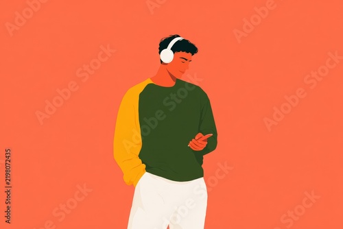 A man wearing a green and yellow sweater and white pants with headphones on standing against an orange background.