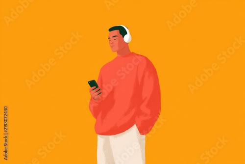 A man wearing a red sweater and white pants with headphones on standing and looking at his cell phone. the background is a bright yellow color.