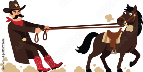 Foto Sheriff cowboy pulling hard on reins of stubborn horse vector illustration