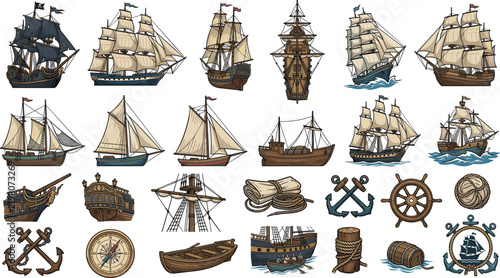 Obraz na płótnie Vintage nautical sailing ships hand drawn pirate galleons tall masts and marine navigation equipment retro sketch vector illustration set