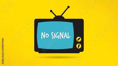 Vintage television icon with blue screen and no signal text on bright yellow background representing technical error and broadcast interruption media.