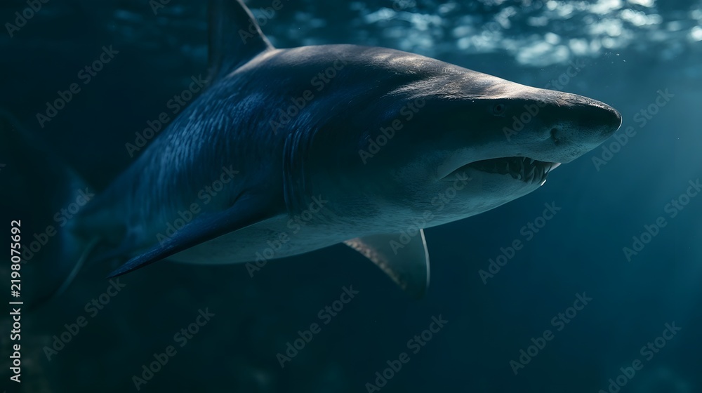 Fototapeta premium A large shark glides through deep blue water with sunlight filtering from above showing sharp teeth and textured skin