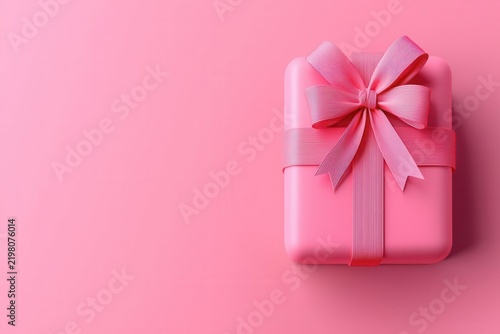 A neatly wrapped pink gift box with a matching ribbon bow on a pink background.