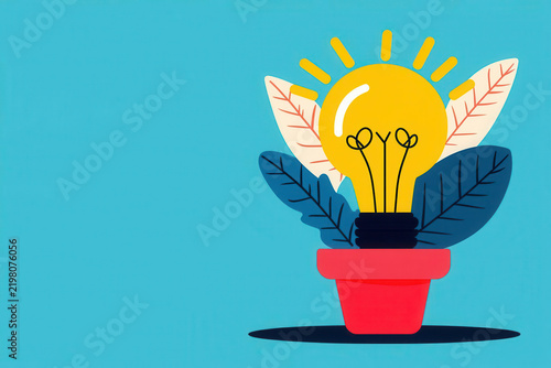 A glowing light bulb sits in a red pot surrounded by stylized leaves on a blue background, symbolizing growth, creativity, and ideas.