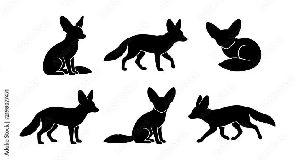 Obraz premium Fennec Fox Silhouettes, Desert Animal Vector Icons, Cute Vulpes Zerda Poses, Wildlife Graphics, African Fauna Collection