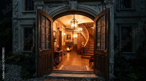 Grand miniature manor reception hall with checkered marble floor and elegant chandelier in dollhouse