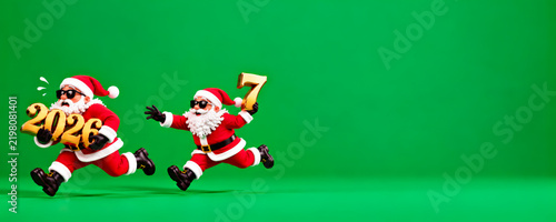 Santa figures run with numbers for New Year and Christmas celebration on green background