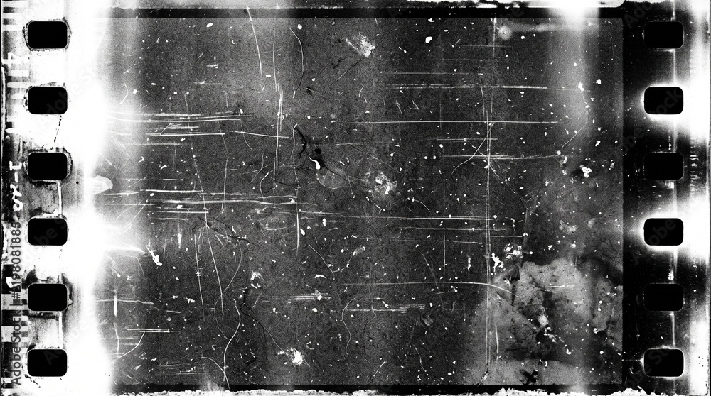 Obraz premium Old film texture with scratches, noise and light leaks. Realistic transparent overlay film texture in black-white, dust and grain. Distressed retro movie or photo negative effect of cinema nostalgia