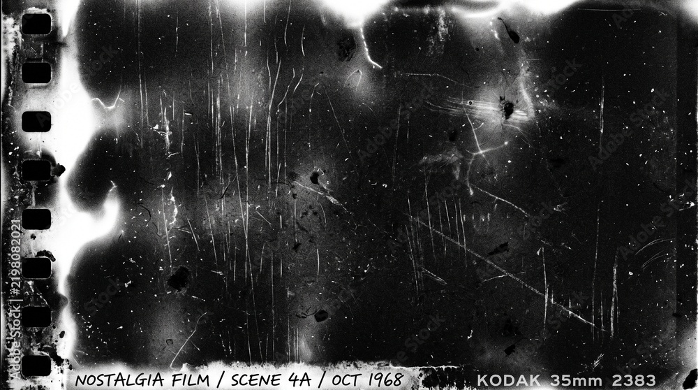 Obraz premium Old film texture with scratches, noise and light leaks. Realistic transparent overlay film texture in black-white, dust and grain. Distressed retro movie or photo negative effect of cinema nostalgia