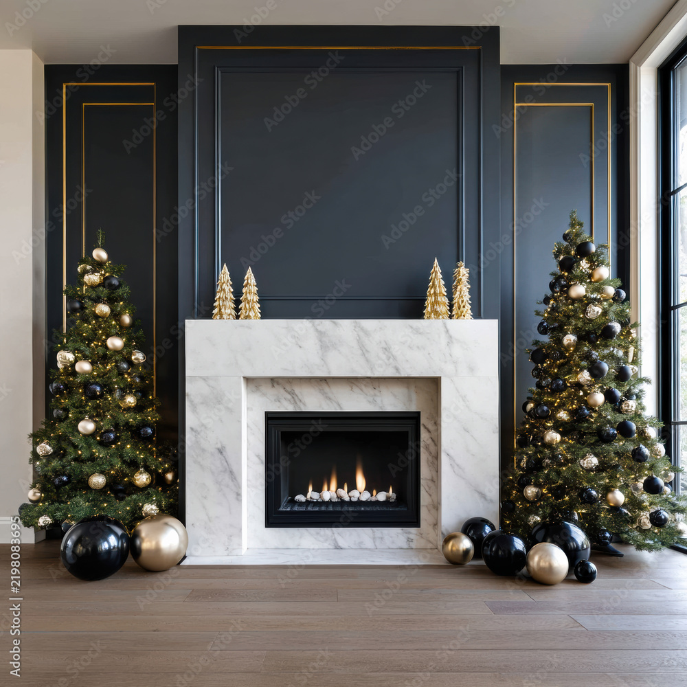 Obraz premium Elegant Christmas interior with marble fireplace, black and gold decor, festive trees, and cozy holiday atmosphere
