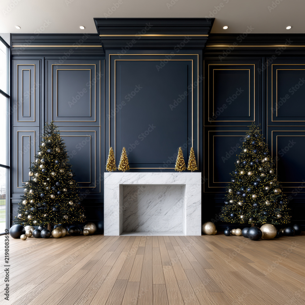 Obraz premium Elegant Christmas interior with dark wall, marble fireplace, gold and black ornaments, festive trees, and wooden floor