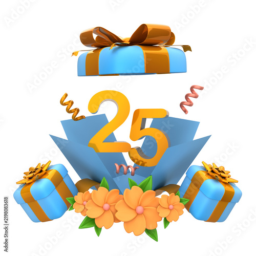 Vibrant 3D rendering of a joyful 25th celebration, a significant milestone event with gift boxes, confetti, and flowers, perfect for anniversaries and special occasions